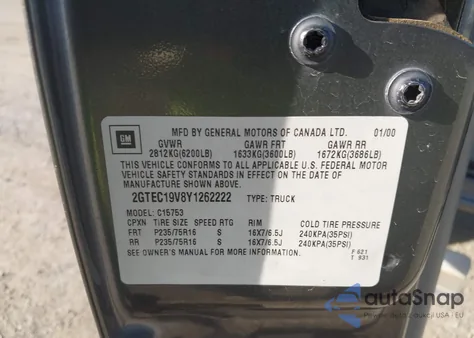 2000 GMC Sierra 1500 Sle from USA, damaged, VIN 2GTEC19V8Y1262222